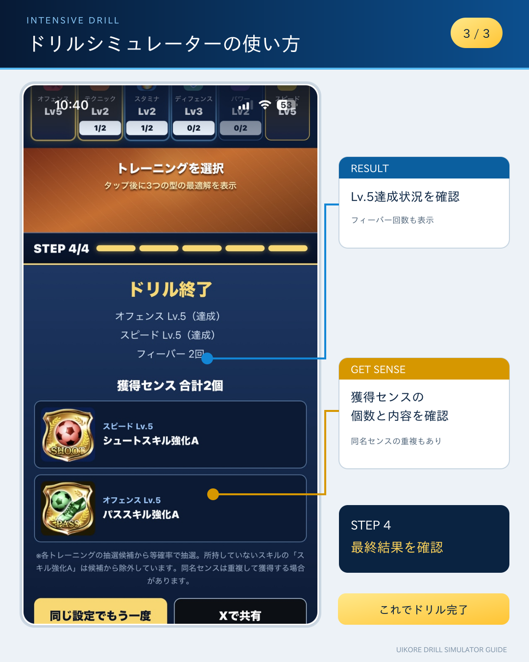 使い方ガイド3：レベル5達成状況と獲得センスを確認